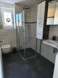 un bagno con doccia, WC e lavandino di Ferienwohnung Alpenblick a Grafenhausen