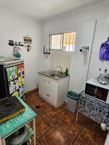 een kleine keuken met een spoelbak en een magnetron bij MatSofy_Apartamento in Santiago