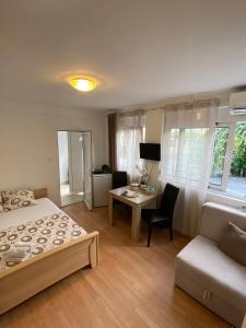 una camera da letto con un letto, una scrivania e un divano di Apartman Mia 1 Igalo Centar a Igalo