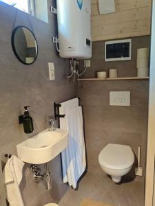 een badkamer met een witte wastafel en een toilet bij Tiny House am Waldrand in Heideblick