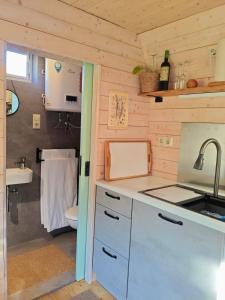een kleine keuken met een wastafel en een toilet bij Tiny House am Waldrand in Heideblick