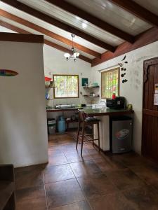 a kitchen with a counter and a table in it at Mono Azul Cahuita in Cahuita