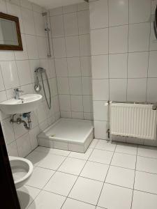 een witte badkamer met een wastafel en een toilet bij Haus Zum Bacchus in Mainz
