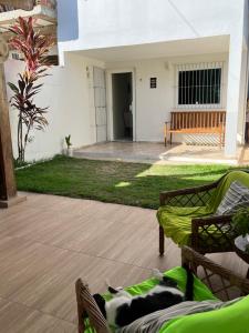 a cat laying on a chair on a patio at Suíte Peroba em Maragogi in Maragogi +1 photo