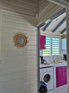 een keuken met een wasmachine en een spiegel bij "Fleur d'Hibiscus" Maison de charme au calme à Marie-Galante in Saint-Louis