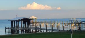 een aanlegsteiger aan het water met een berg op de achtergrond bij Launch & Lounge in Titusville