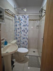 a bathroom with a sink and a toilet and a shower at Tres habitaciones Cómodo Residencia in Encarnación +21 photos
