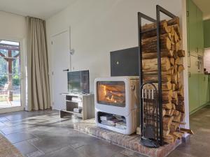 a fireplace in a living room with a stove at Lierelodge in Oud-Turnhout