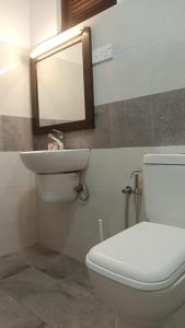 a bathroom with a toilet and a sink and a mirror at Wild Night Hostel Sigiriya in Sigiriya