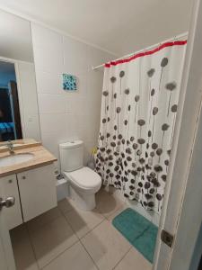 un bagno con un water e una tenda da doccia di Apartamento amoblado por Dia a Calama Altre 10 foto