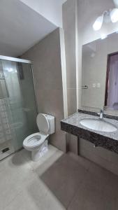 een badkamer met een toilet, een wastafel en een douche bij Apartmento en Encarnación in Encarnación