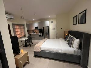 a bedroom with a large bed and a kitchen at The Veron, Dzorwulu in Lapaz +144 photos