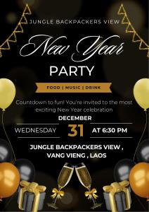 Une invitation à une fête du Nouvel An avec des ballons dorés et noirs. dans l'établissement Jungle Backpackers View, à Vang Vieng