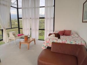 een slaapkamer met een bed, een bank en ramen bij Finca Maratón Alto in Calarcá +78 foto's