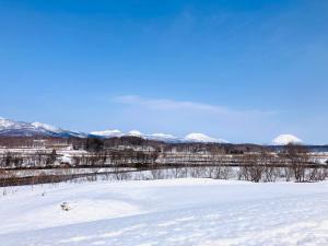 Ein schneebedecktes Feld mit Bergen im Hintergrund in der Unterkunft ゆらゆら亭 Yura Yura Tei Niseko in Rankoshi