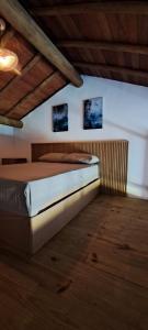 Bett in einem Zimmer mit zwei Bildern an der Wand in der Unterkunft Apartamento completo com Mezanino in Marau