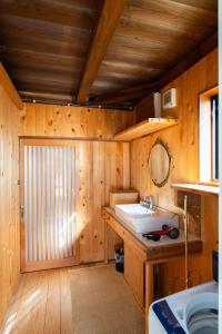 een badkamer met een wastafel en een spiegel bij マーレゲストハウス in Fukui