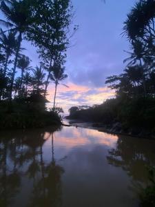 een zonsondergang boven een rivier met palmbomen bij Clover Cove Villa in Tabanan +7 foto's