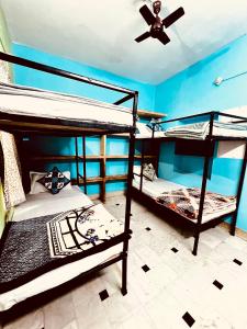 2 stapelbedden in een kamer met een plafondventilator bij Hostel Desert Routes in Jaisalmer