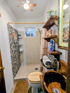 een badkamer met een toilet en een douche bij Ixtapa al mejor precio, "Casa las Conchas" in Zihuatanejo