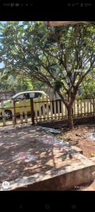 a white bench next to a tree and a car at Aarex 63B Sparsh Chalet in Dhamni
