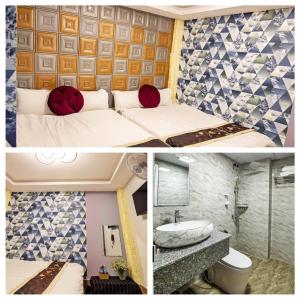two pictures of a room with a bed and a bathroom at Sunshine - Tia Nắng Mới in Da Lat