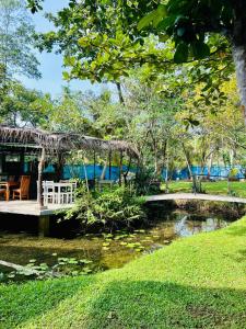 un pavillon avec une table et des chaises à côté d'un étang dans l'établissement Papaya Hikkaduwa, à Hikkaduwa