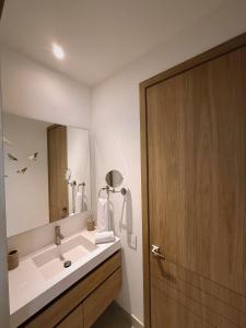 une salle de bains avec un lavabo et un miroir dans l'établissement Baia Kristal Apartamento, à Carthagène des Indes