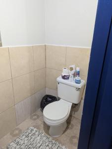 a bathroom with a white toilet and a rug at Jacqueline's Court in Mount Pleasant +3 photos
