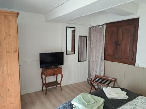 Zimmer mit einem TV, einem Bett und einem Stuhl in der Unterkunft La Tanière in Bains-les-Bains