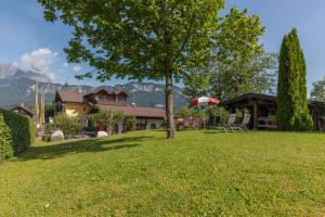 un árbol en un patio con una casa y una montaña en Noichl’s Hotel Garni, en Sankt Johann in Tirol