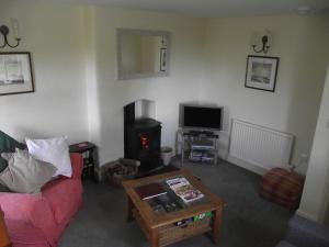 uma sala de estar com um sofá e uma lareira em Glyn Arthur Lodge em Llandyrnog