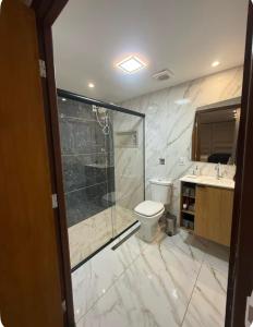 a bathroom with a shower and a toilet and a sink at Atacama container in Brasília