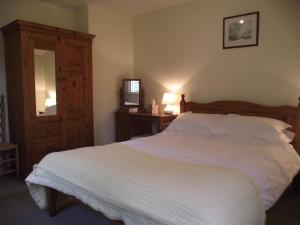 a bedroom with a bed and a dresser and a mirror at Glyn Arthur Lodge in Llandyrnog