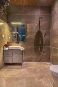 a bathroom with a shower and a sink and a toilet at Silver wings Kasauli in Kasauli +32 photos