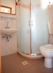 un bagno con doccia, WC e lavandino di Rosa's Beach Studios a Lourdata