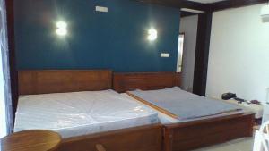 a bedroom with two beds and a blue wall at Green Wood Range in Kandy