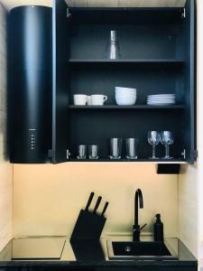 a kitchen with a sink and a shelf with dishes at Private apartment with hotel feeling in Hudiksvall