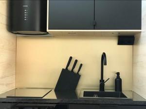 a kitchen counter with a sink and a knife holder at Private apartment with hotel feeling in Hudiksvall +4 photos