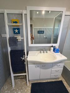 a bathroom with a sink and a mirror at Lakeview Cottage in Forster +19 photos