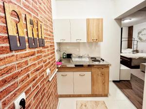 una cucina con muro di mattoni e lavandino di Apartman Una a Plužine Altre 7 foto