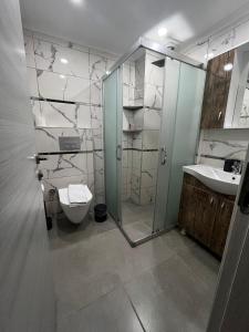 a bathroom with a shower and a toilet and a sink at Nehir Apart Hotel in Fethiye