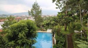 - une vue sur la piscine dans un jardin arboré dans l'établissement La Oma, à Lembang
