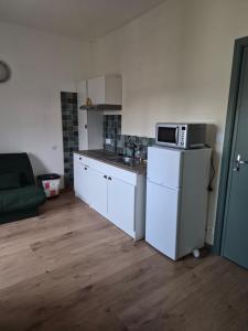 una piccola cucina con forno a microonde e frigorifero di Le studio de Fabio a Bollène