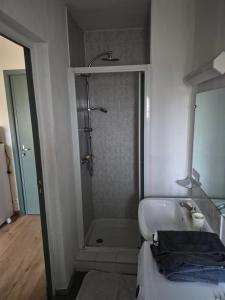 un bagno con doccia e lavandino bianco di Le studio de Fabio a Bollène