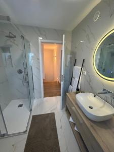 a bathroom with a sink and a shower and a mirror at Quinta do Passal - Country house in Parada de Ester +65 photos