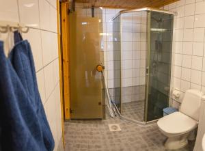 een badkamer met toilet en glazen douche bij Mökki maaseudulla 