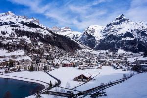 een stad bedekt met sneeuw met bergen op de achtergrond bij Titlis Studio Engelberg with Balcony great View in Engelberg