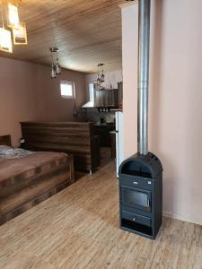 een woonkamer met een fornuis in een kamer bij Lela Guest House in Mestia