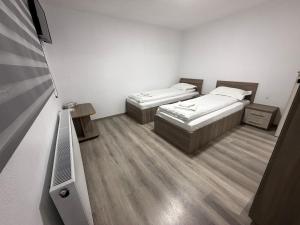 two beds in a small room with a tv at Casa Lupilor 2 Vidraru in Căpăţîneni-Ungureni